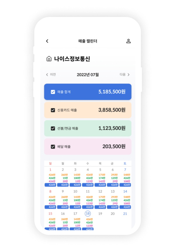 나이스체크 신용카드 매출 캘린더, 신용카드 입금예정 금액 캘린더 화면